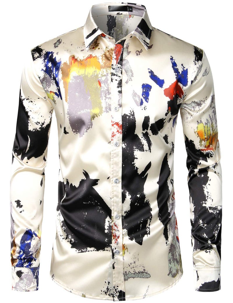 ZEROYAA Men's Hipster Splash Ink Design Silk Like Satin Button Down Dress Shirt for Party Prom ZLCL12-Beige Large - Image 1
